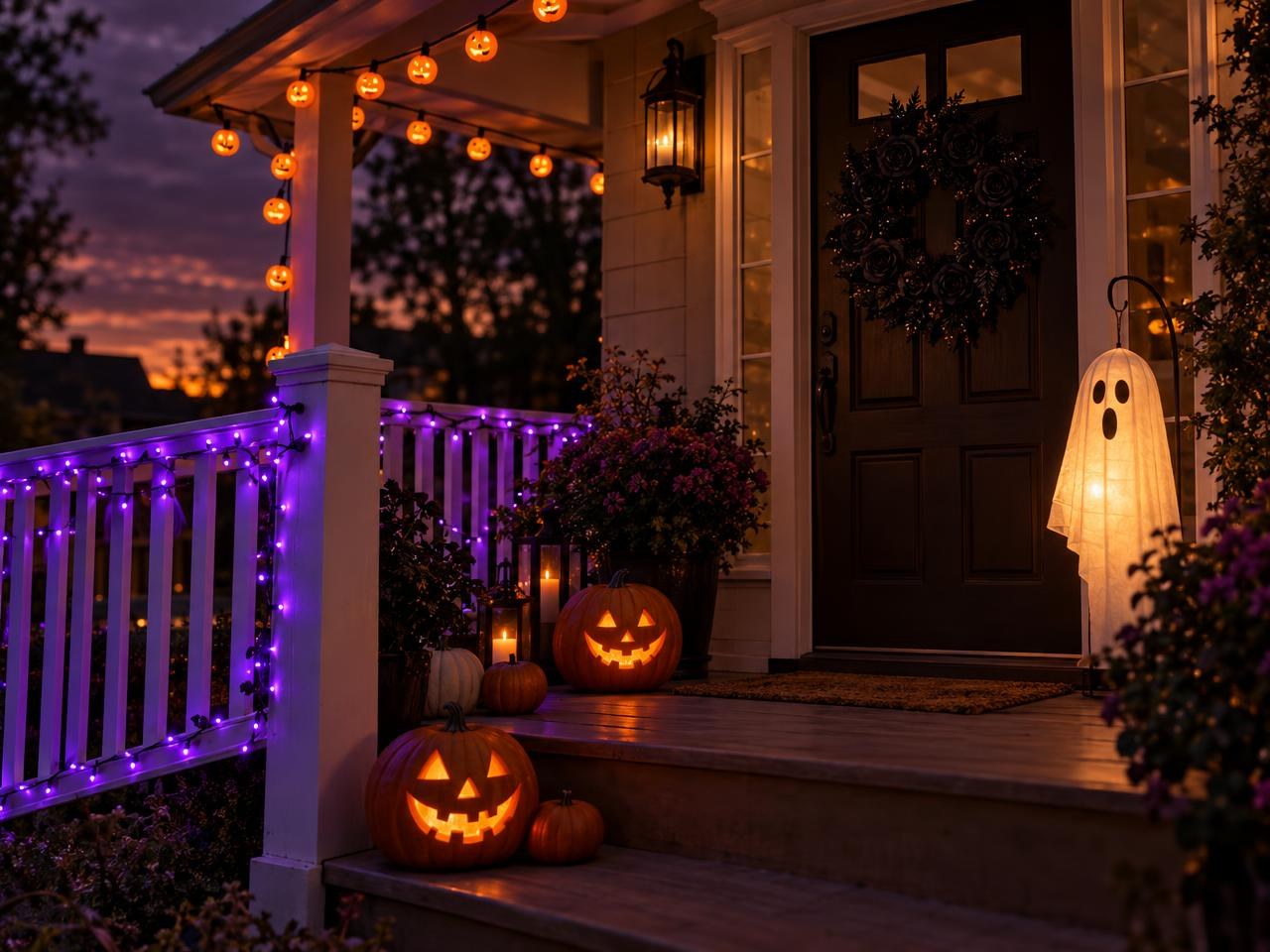 Porch lit with orange and purple Halloween lights