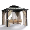 10x10 Hardtop Gazebo With Double Metal Roof, Aluminum Frame, Net And Curtain - Khaki