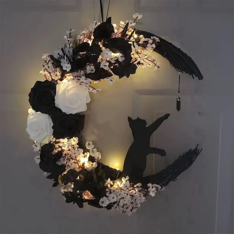 14" Halloween Wreath for Front Door Halloween Moon Cat Wreathr with Rose Floor for Home Decoration Cat Moon Hanging Wrea
