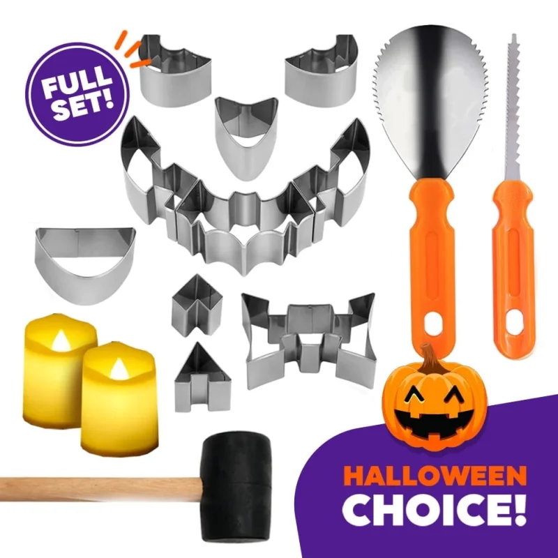 15 Pieces Halloween Pumpkin Carving Kit + Hammer, Professional Stainless Steel Carving Punchers Tools Set, Pumpkin Cutti