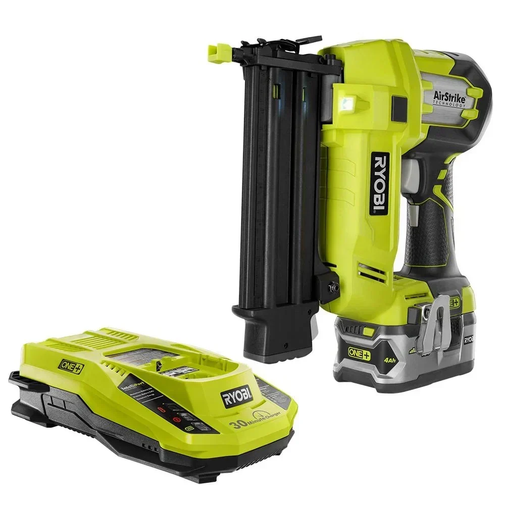 RYOBI 18V ONE+ AirStrike 18-Gauge Brad Nailer with (1) 4.0 Ah LITHIUM+ Battery and 18V Charger