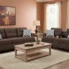 2-Piece Sofa Loveseat Set, Dark Brown Fabric, USB Charging Ports, 4 Decorative Pillows