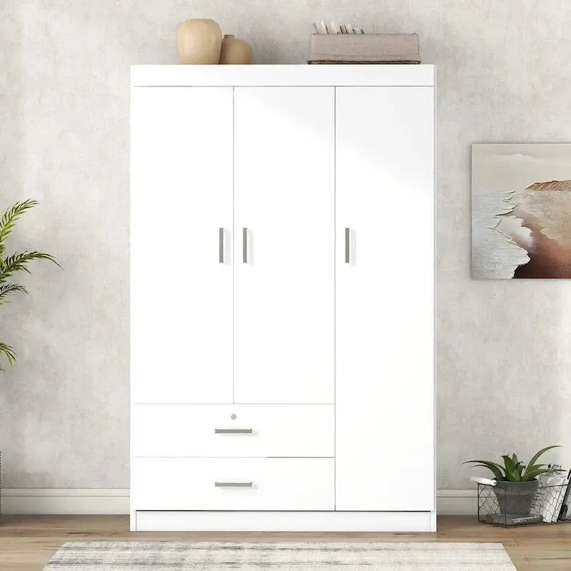 3-Door Wardrobe With Dual Drawers, Shelves And Hanging Rail - 41.3L x 18.5W x 68.2H