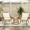 3-Piece Rattan Patio Conversation Set With Glass-Top Bistro Table, Two Wide-Arm Chairs And Seat Cushions
