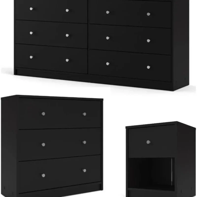 3-Piece Scandinavian Engineered Wood Bedroom Furniture Set With Black 6-Drawer Dresser, 3-Drawer Chest And Nightstand
