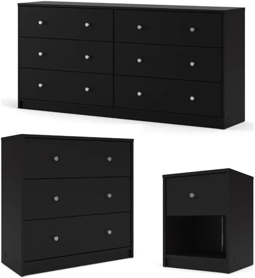 3-Piece Scandinavian Engineered Wood Bedroom Furniture Set With Black 6-Drawer Dresser, 3-Drawer Chest And Nightstand