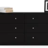 3-Piece Scandinavian Engineered Wood Bedroom Furniture Set With Black 6-Drawer Dresser, 3-Drawer Chest And Nightstand