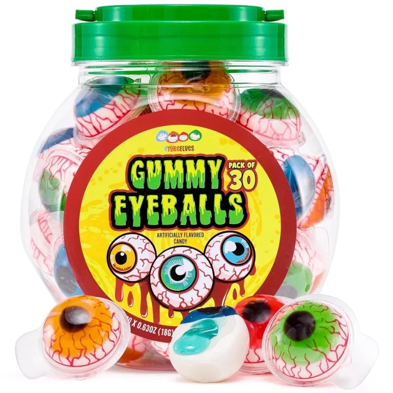 30 Gummy Eyeballs, Spooky Halloween Eyeball Candy in 4 Flavors, Soft Gummies with Jelly Filling, Individually Wrapped, B
