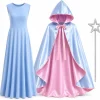 3PCS Fairy Godmother Halloween Costumes for Women, Blue Dress with Cape and Star Wand, Cosplay Outfit for Fairy Parties