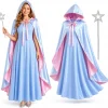 3PCS Fairy Godmother Halloween Costumes for Women, Blue Dress with Cape and Star Wand, Cosplay Outfit for Fairy Parties