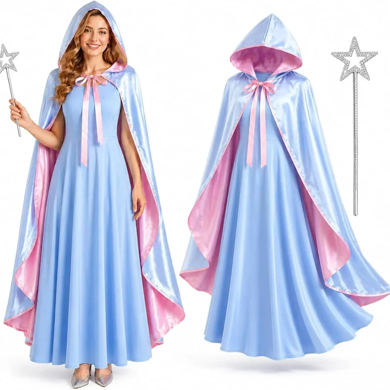 3PCS Fairy Godmother Halloween Costumes for Women, Blue Dress with Cape and Star Wand, Cosplay Outfit for Fairy Parties