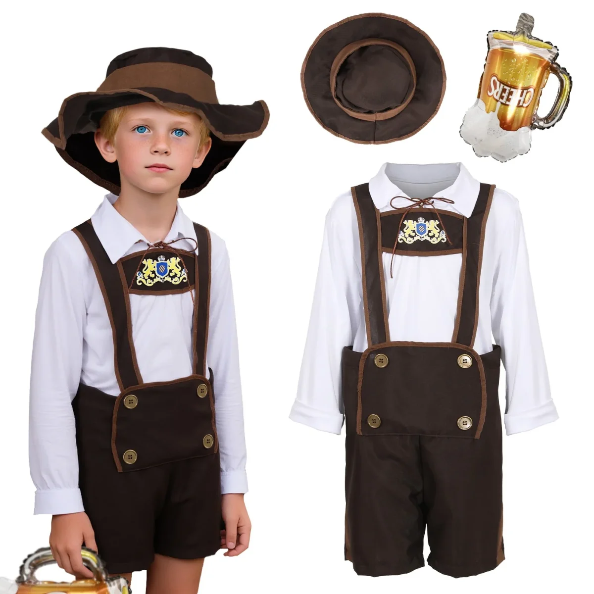 4 Piece Boys Oktoberfest Bavarian Costume Lederhosen Outfit with Hat & Beer Balloon for Traditional Halloween Party Cosp