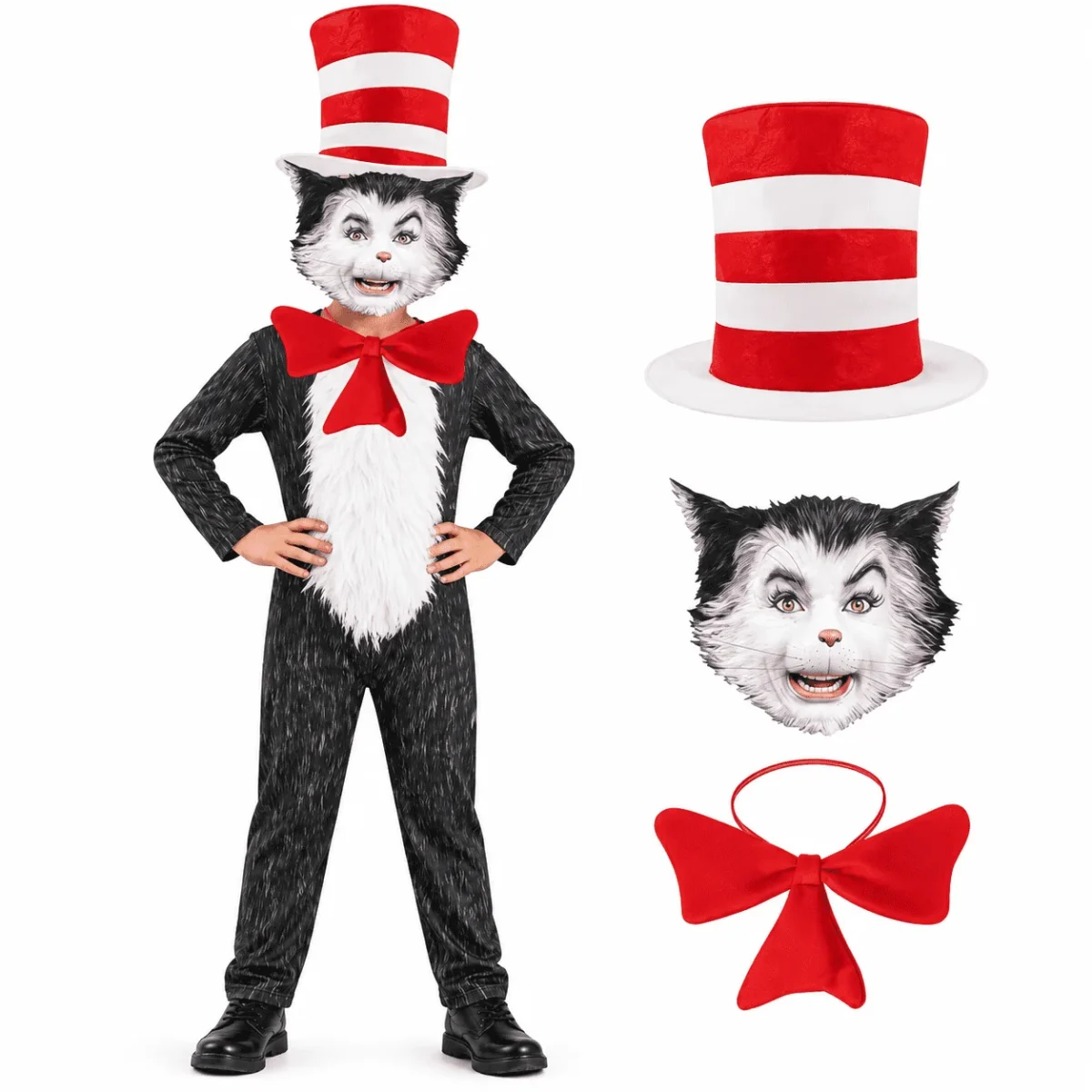 4-Piece Cat Halloween Cosplay Costume for Kids, Scary Cat Jumpsuit Set with Mask, Striped Hat & Bow Tie for Boys & Girls