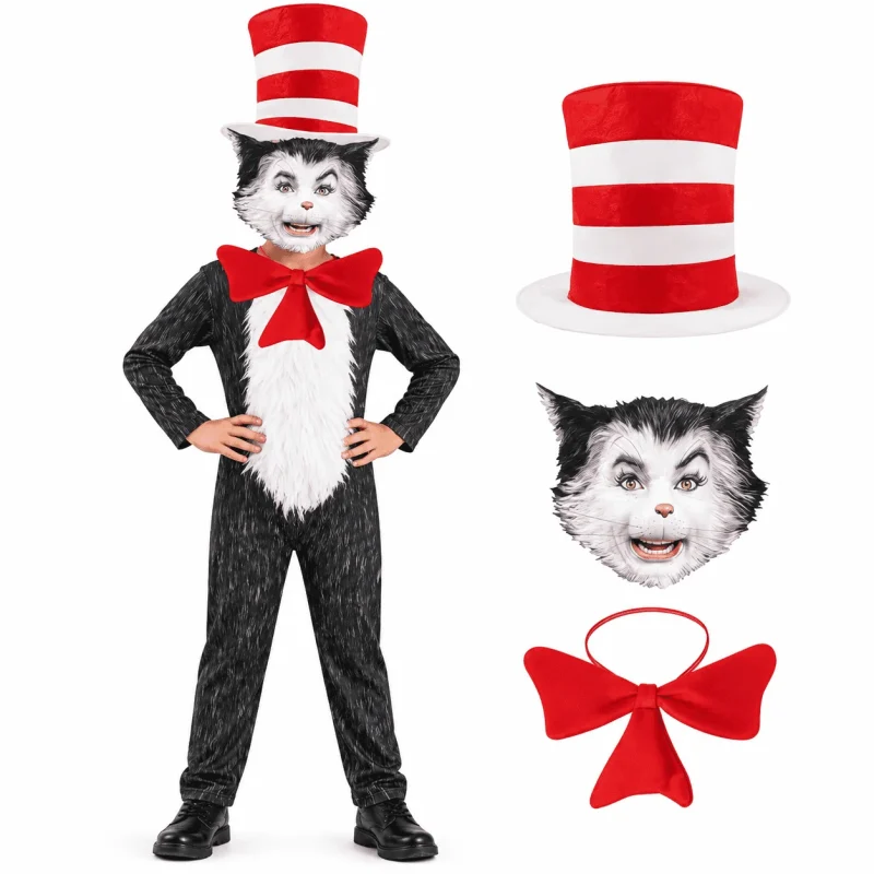 4-Piece Cat Halloween Cosplay Costume for Kids, Scary Cat Jumpsuit Set with Mask, Striped Hat & Bow Tie for Boys & Girls