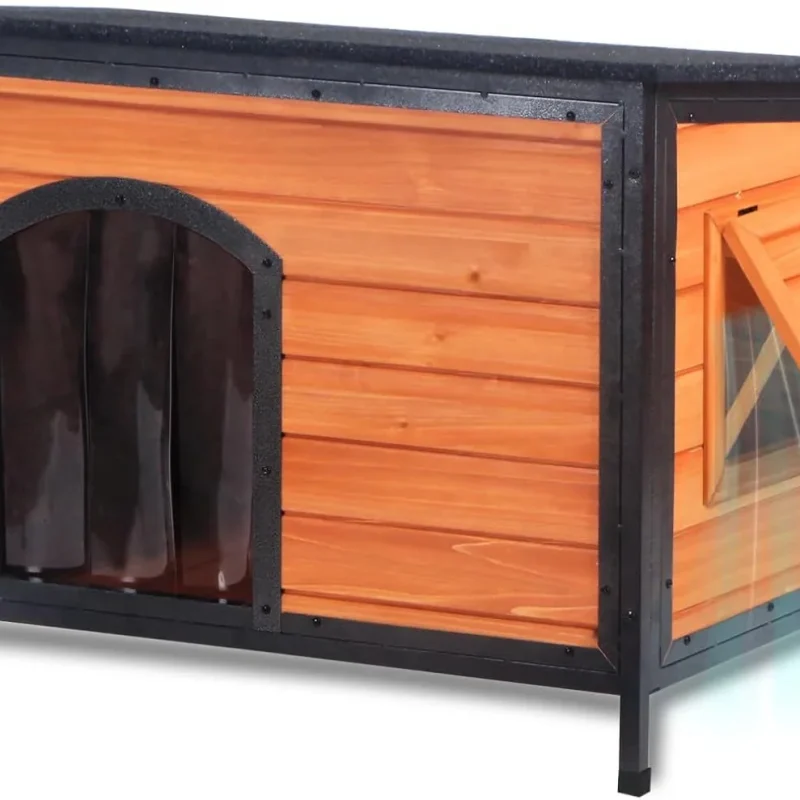 43.3-Inch L-Shaped Outdoor Insulated Dog House, Brown