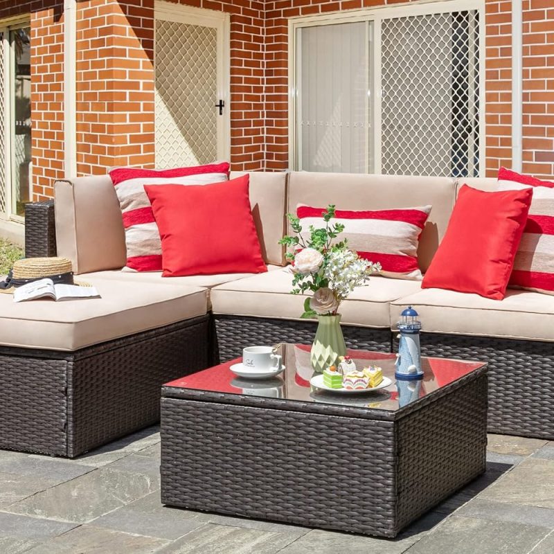 5-Piece All-Weather Wicker Patio Conversation Set With Ottoman And Cushions