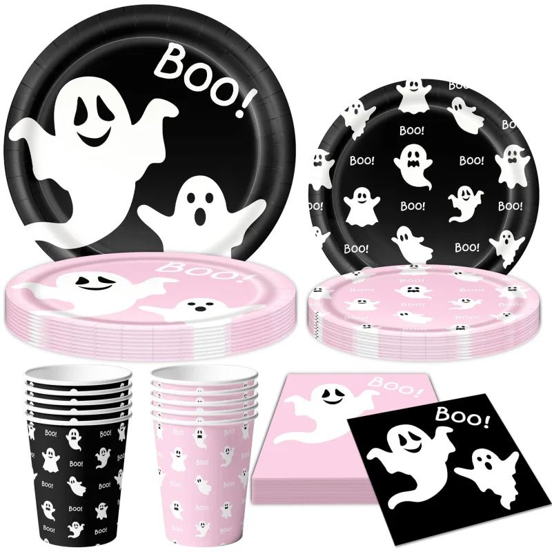 50/73/93Pcs Halloween Boo Party Tableware Supplies Decorations, Spooky Ghost Plates Napkins Boo Ghost Tableware Tableclo