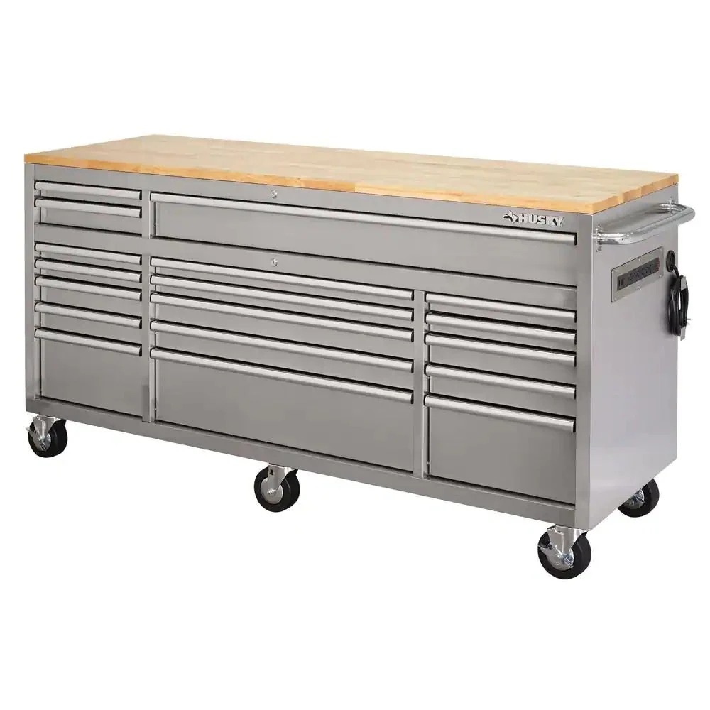 72-Inch 18-Drawer Mobile Workbench, 24-Inch Deep, Solid Wood Top, Stainless Steel Finish