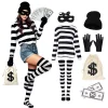 7Pcs Bank Robber Costume for Women, Burglar Outfit with Striped Shirt for Halloween Cosplay