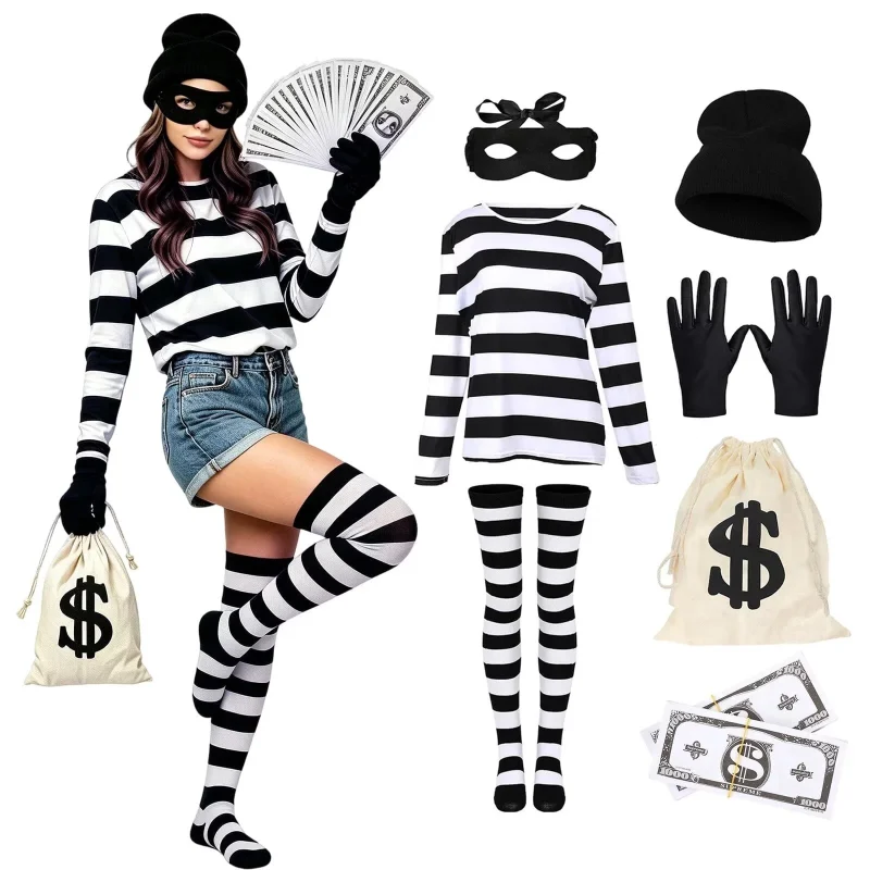 7Pcs Bank Robber Costume for Women, Burglar Outfit with Striped Shirt for Halloween Cosplay