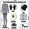 7Pcs Bank Robber Costume for Women, Burglar Outfit with Striped Shirt for Halloween Cosplay