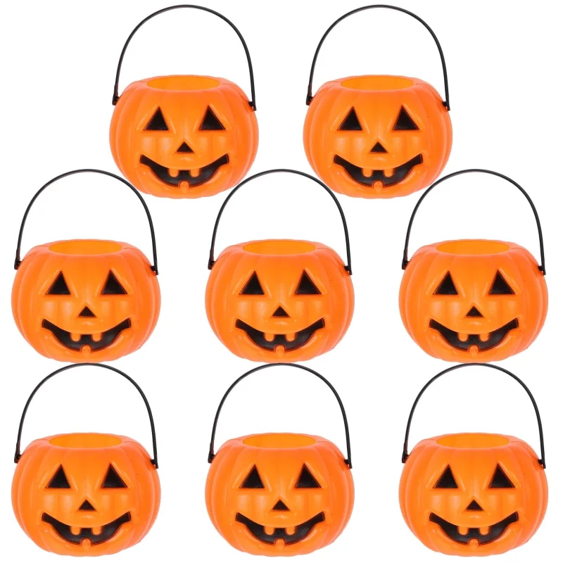 8-Pack Plastic Pumpkin Candy Buckets - Halloween Trick or Treat Pails for Kids, Orange Party Decorations, Durable Candy