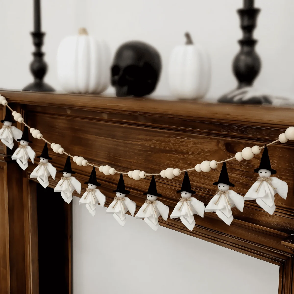 84 Inch Halloween Ghost Banner with Witch Hat, Rustic Wooden Bead Ghost Banner, Halloween Hanging Decor for Fireplace, M