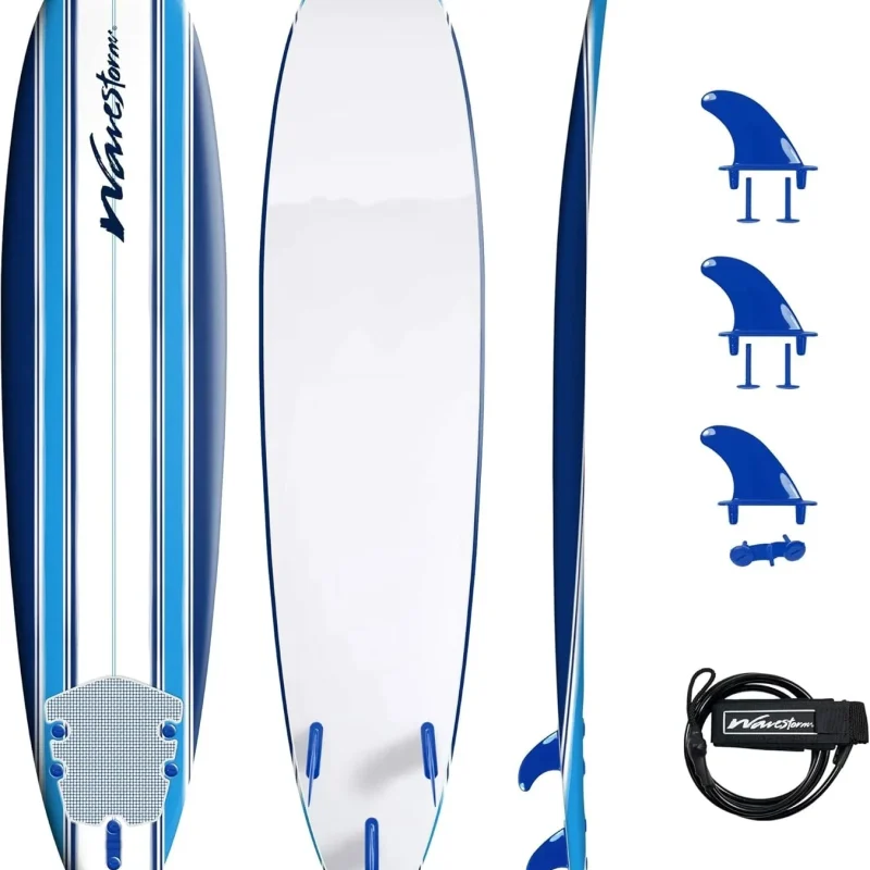 8ft Soft Top Foam Surfboard, EPS Core, 3 Stringers, Wax-Free Longboard, 200lb Capacity