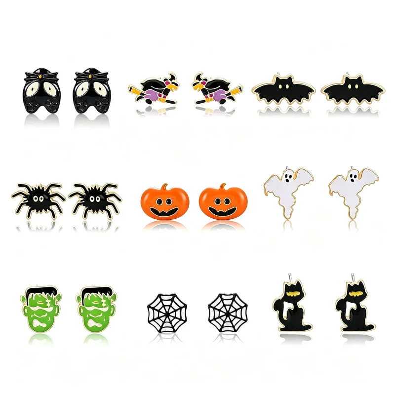 9 Pairs Halloween Earrings Studs- Pumpkin Spider Web Ghost Bat Dangle Earrings for Women, Halloween Outfits Accessories,