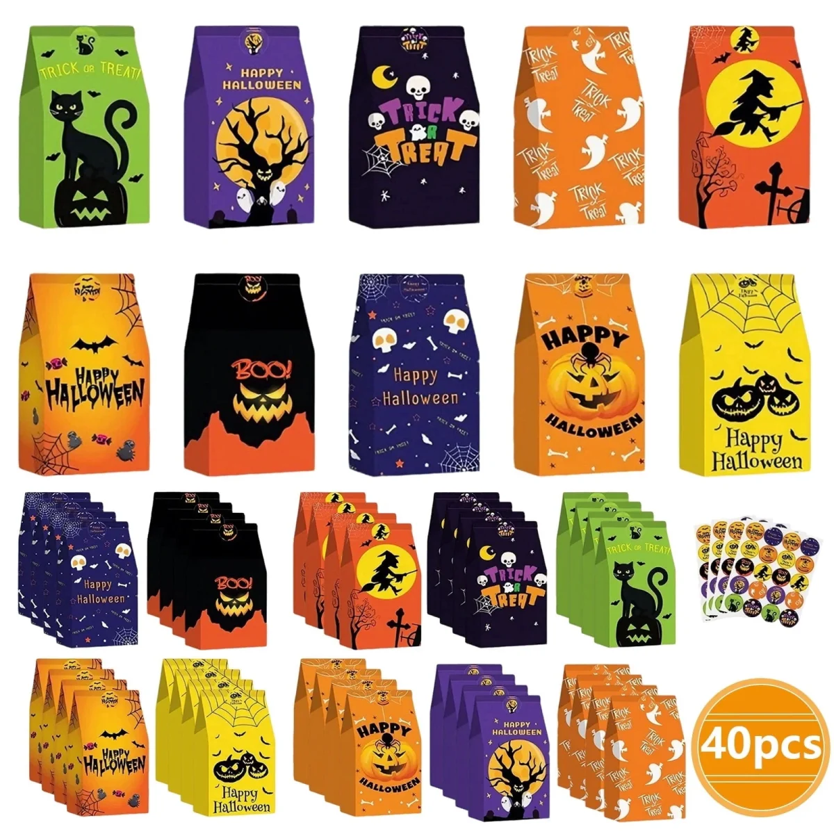 AGCAN 40 Pcs Halloween Treat Bags, Paper Goodie Bag with 48 Stickers, 10 Design, Party Favor Bags for Gifts, Halloween,