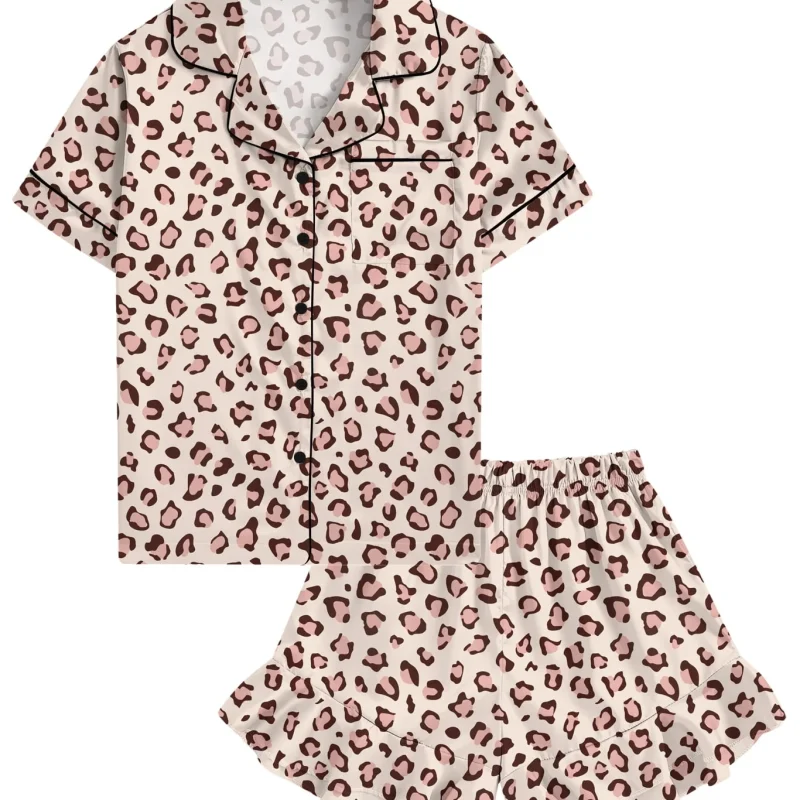 Aideaone Girls Satin Pajama Set Short Sleeve Button Down Silk Sleepwear 2 Piece Summer Loungewear for Child Girl 6-14Y