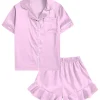 Aideaone Girls Satin Pajama Set Short Sleeve Button Down Silk Sleepwear 2 Piece Summer Loungewear for Child Girl 6-14Y
