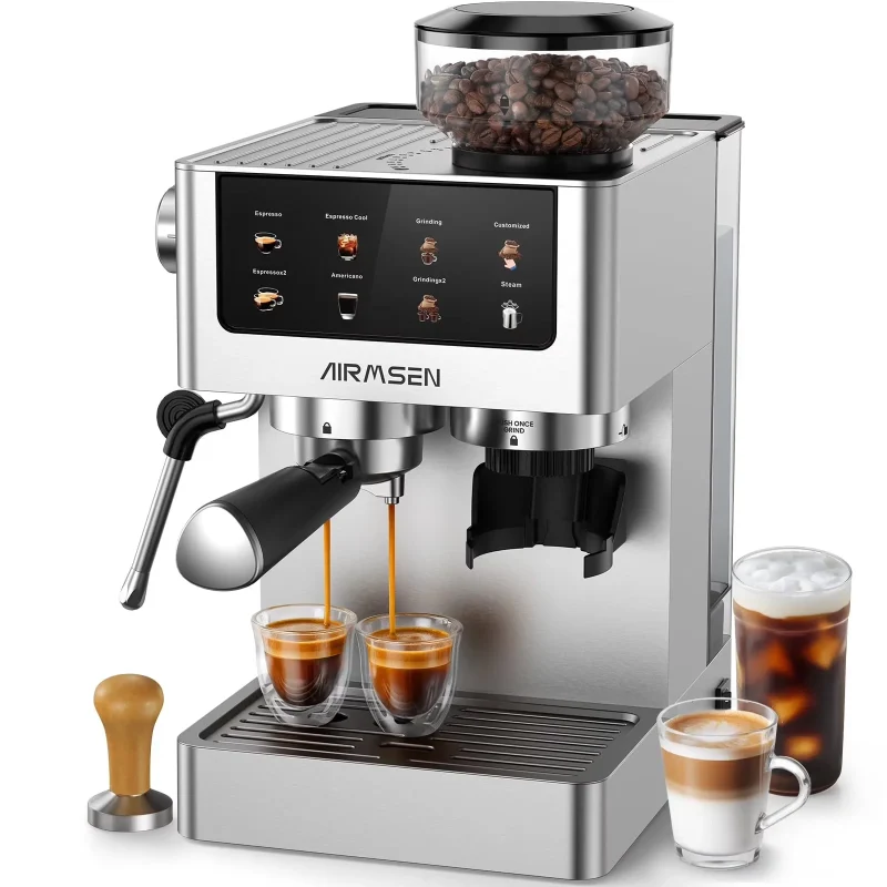 AIRMSEN Espresso Machine With Grinder, 20-Bar, 1350W, 63oz, Brushed Stainless Steel