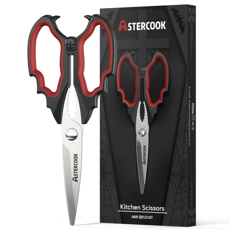 Astercook Halloween Kitchen Scissors, Gothic Skull Heavy Duty Shears for Cooking, Poultry, Herbs – Spooky Pumpkin Design