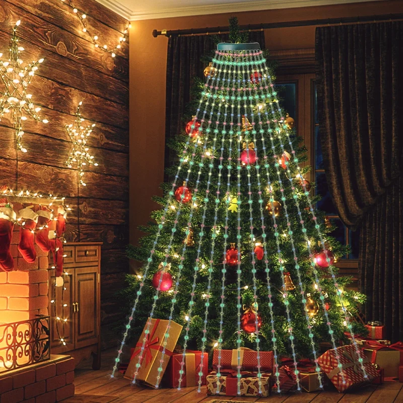 AYktou Christmas Tree Lights 6.56ft 16 Lines LED Waterfall Lights Waterproof Xmas Tree Topper Lights with Remote and USB