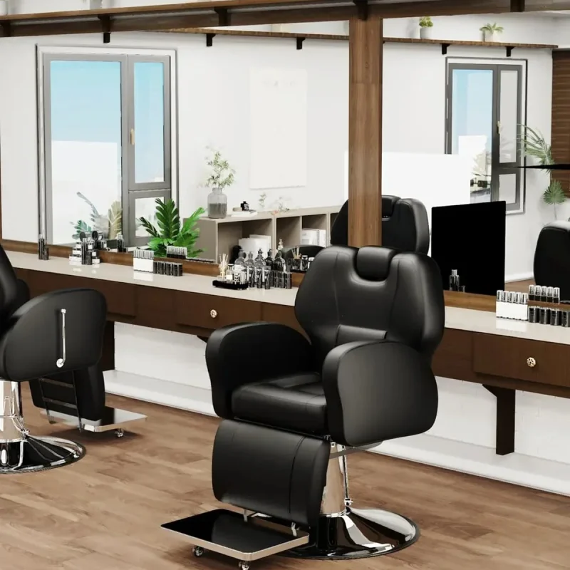 Baasha Reclining Barber Chair, 165 Degree, Heavy-Duty Steel Frame, Black
