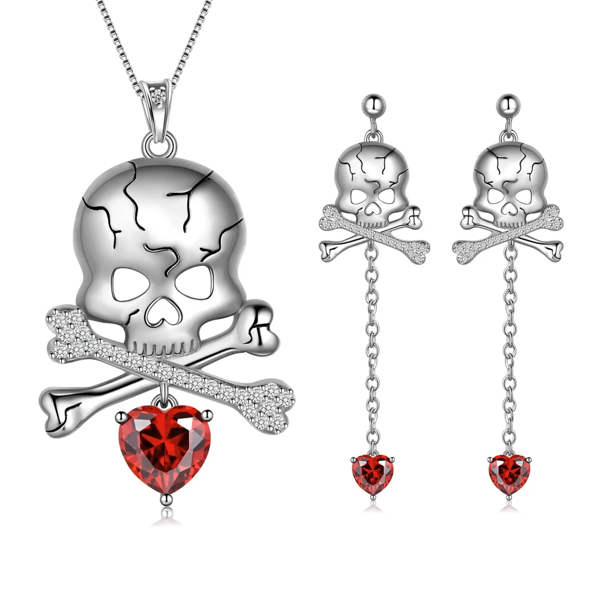 Beautlace 925 Sterling Silver Skull Jewelry Set, Halloween Skeleton Skull Pendant Necklace/Drop Dangle Earrings Gothic V