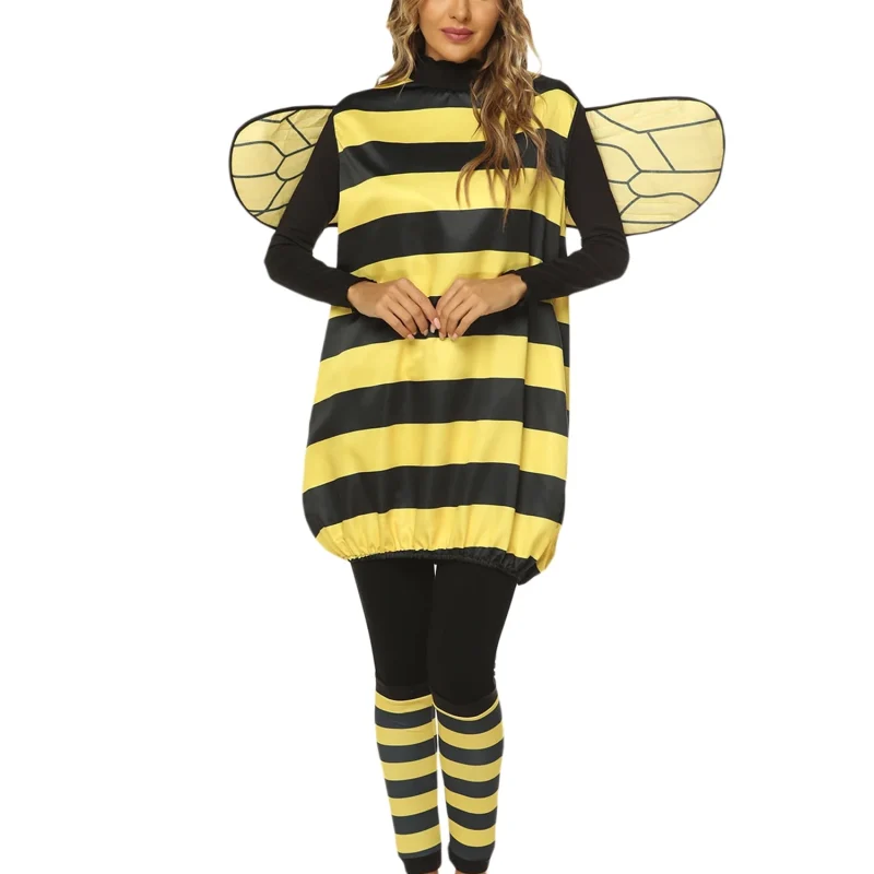 Bee Costume for Women Halloween Costume Bee Dress with Wings Headband Leg Sleeves Funny Costume