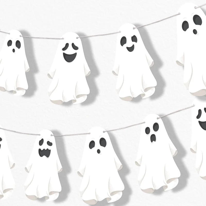 Big Dot of Happiness Spooky Ghost Garland Banner, Halloween Party Decorations Backdrop, 30 Feet of Cord, 15 Paper Ghost