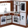 BRINJOY Corner Wooden Kids Play Kitchen With Faucet, Sink, Microwave, Oven, Apron, Blackboard, Sound And Light