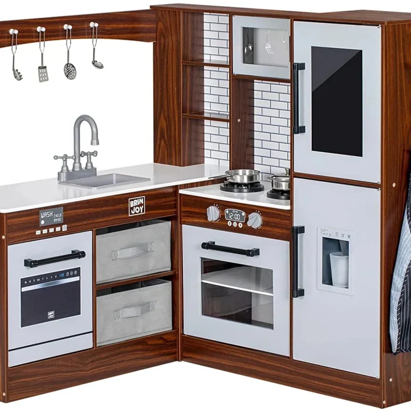 BRINJOY Corner Wooden Kids Play Kitchen With Faucet, Sink, Microwave, Oven, Apron, Blackboard, Sound And Light