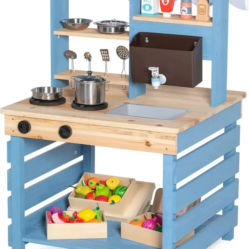 Brinjoy Kids Mud Kitchen Playset, Double-Sided Wooden, Blue, 22.5 x 21.5 x 33.5 in