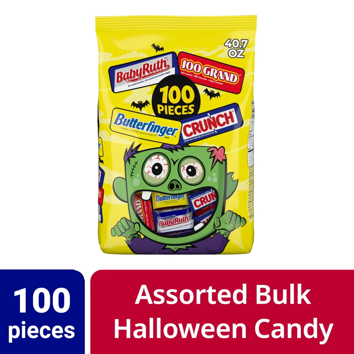 Butterfinger, CRUNCH, Baby Ruth & 100 Grand Halloween Candy Bulk, 100 count