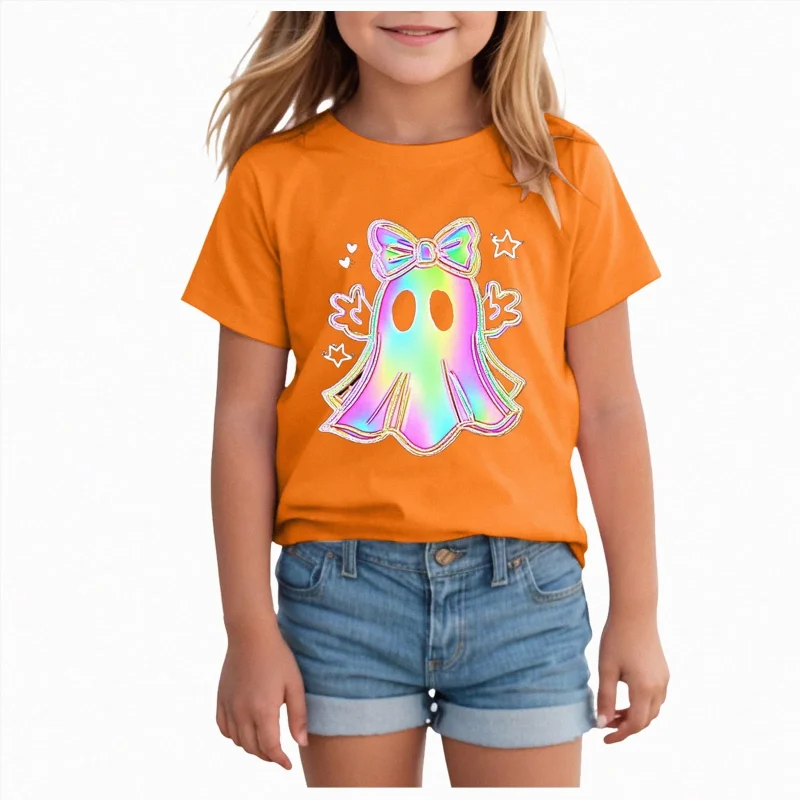 CAUYDY Halloween Ghouls Ghost Retro Girl Kids T-Shirt Graphic Tshirt Little Kids Fall Short Sleeve Tee Tops(Orange, 8-9