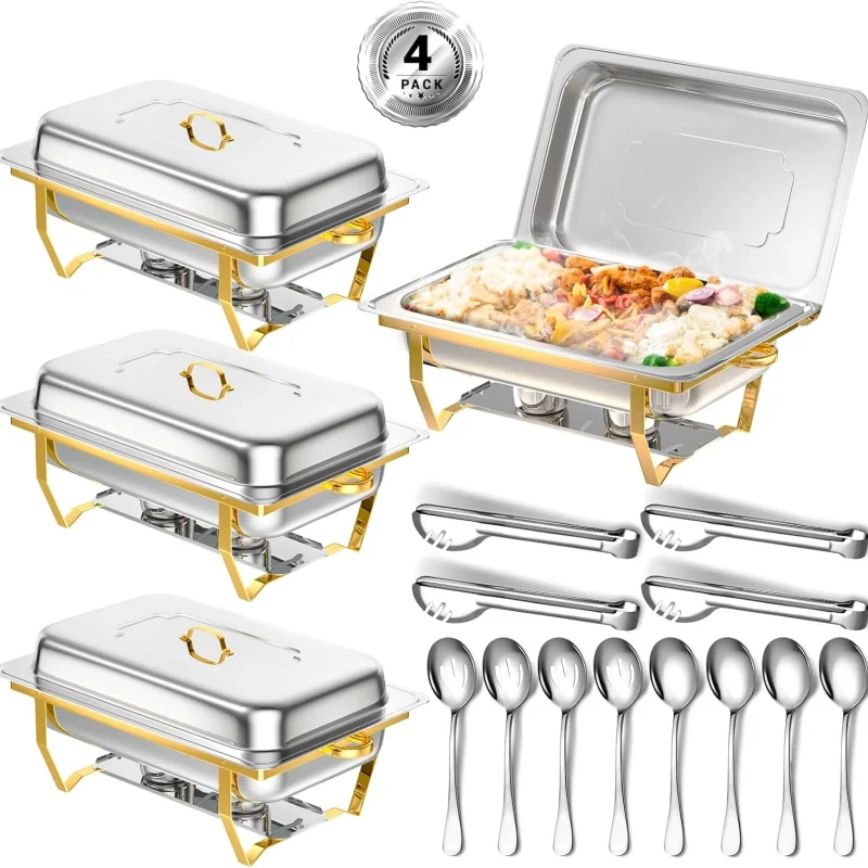 Chafing Dish Buffet Set, 8 Qt, 4 Pack, Full Size Pan, Half Gold
