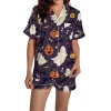 ChenYiFH Halloween Pajama Sets For Women 2 Piece Pumpkin Print Shirts And Pajamas Shorts Button Down Short Sleeve Sleepw