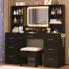 ChVans 47in Vanity Desk Set With LED Lighted Mirror, 7 Drawers, 6 Shelves, Cushioned Storage Stool - Black