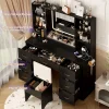 ChVans 47in Vanity Desk Set With LED Lighted Mirror, 7 Drawers, 6 Shelves, Cushioned Storage Stool - Black