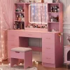 ChVans 47in Vanity Desk Set With LED Lighted Mirror, 7 Drawers, 6 Shelves, Cushioned Storage Stool - Black