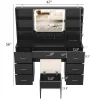 ChVans 47in Vanity Desk Set With LED Lighted Mirror, 7 Drawers, 6 Shelves, Cushioned Storage Stool - Black